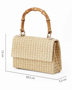 DIVAS - Pochette crema con trama ad intreccio e manico in bamboo, tracolla removibile