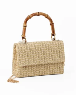 DIVAS - Pochette crema con trama ad intreccio e manico in bamboo, tracolla removibile