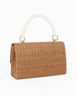 DIVAS - Pochette in paglia color bronzo con patta e manico con perle