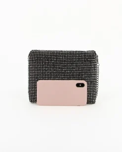 DIVAS - Pochette nera con strass e patta, tracolla catenina removibile