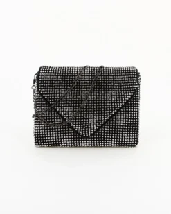 DIVAS - Pochette nera con strass e patta, tracolla catenina removibile