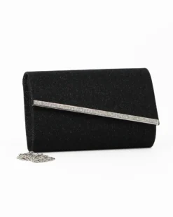 DIVAS - Pochette nera in lurex con filo di strass sulla patta, tracolla removibile