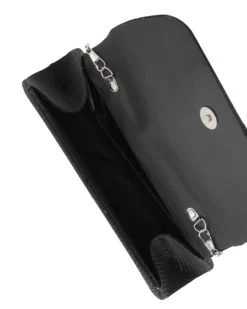 DIVAS - Pochette nera in lurex con patta e manico gioiello, tracolla removibile