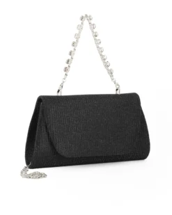 DIVAS - Pochette nera in lurex con patta e manico gioiello, tracolla removibile