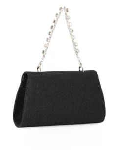 DIVAS - Pochette nera in lurex con patta e manico gioiello, tracolla removibile