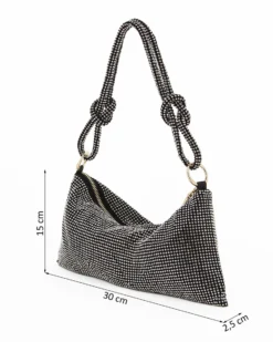 DIVAS - Pochette nera rivestita di strass con nodi sul manico