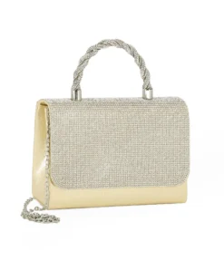 DIVAS - Pochette oro con patta e manico intrecciato in strass