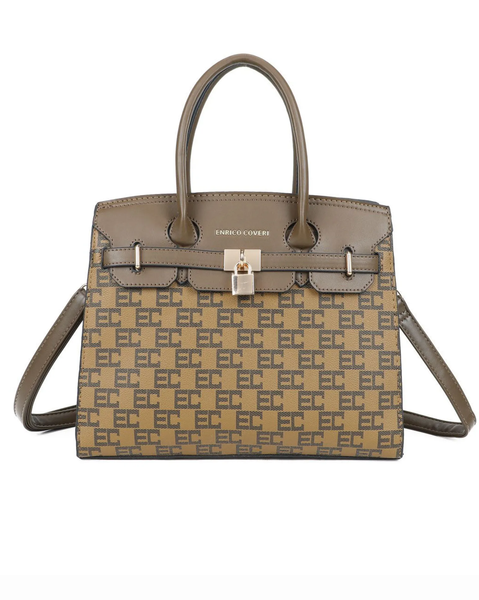 ENRICO COVERI - Borsa a mano taupe loggata con tasca posteriore e cinturino con dettaglio lucchetto, tracolla removibile