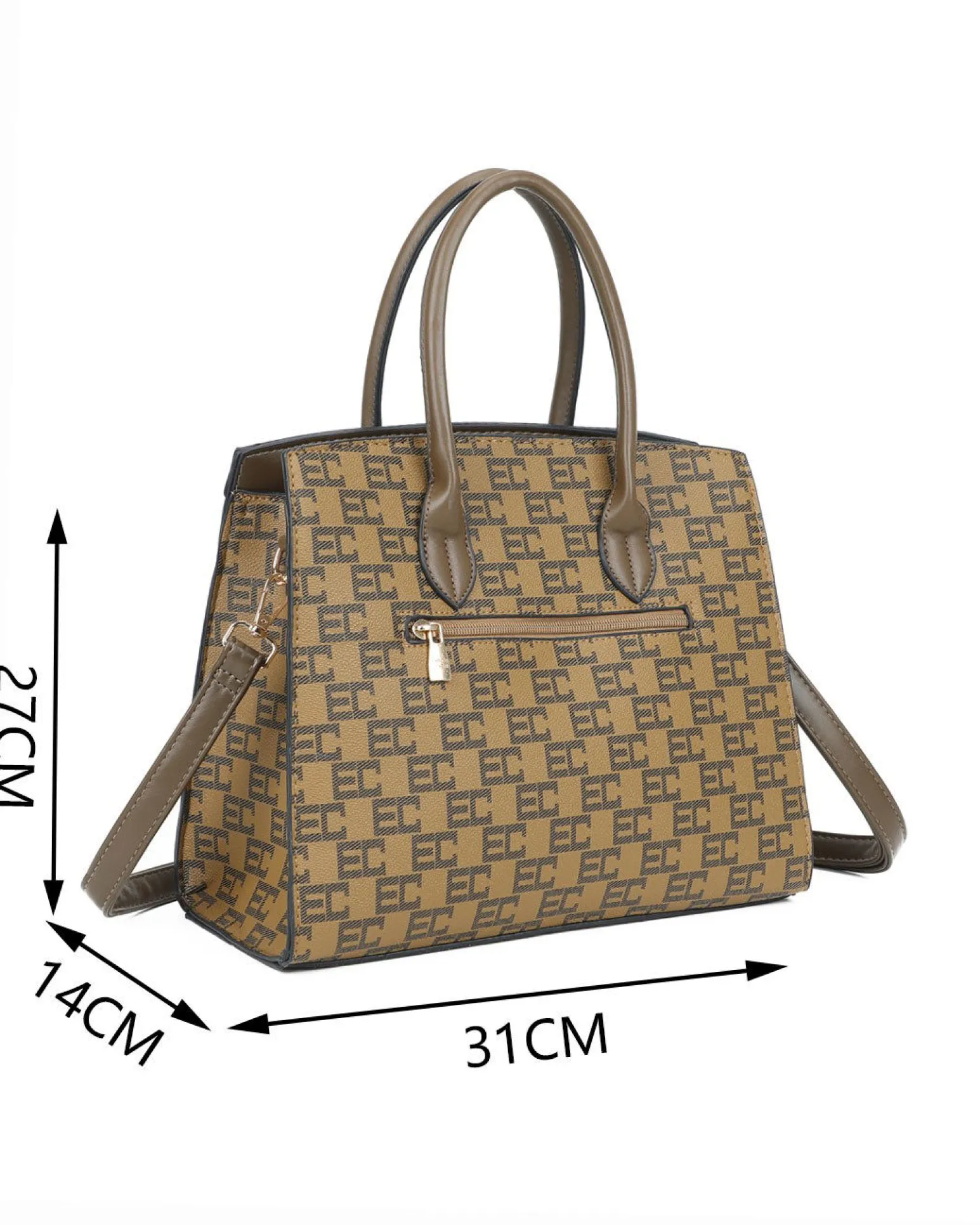 ENRICO COVERI - Borsa a mano taupe loggata con tasca posteriore e cinturino con dettaglio lucchetto, tracolla removibile