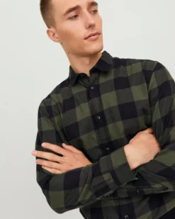 JACK&JONES - CAMICIA A QUADRI NERA E VERDE IN FLANELLA DA UOMO