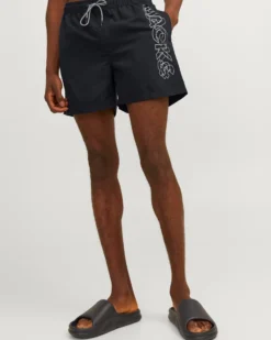 JACK&JONES - Costume da bagno nero con logo laterale e tasche
