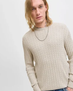 JACK&JONES - PULLOVER GIROCOLLO BEIGE DA UOMO CON CON TRECCINA