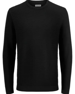 JACK&JONES - PULLOVER NERO GIROCOLLO DA UOMO A COSTINE ORIZZONTALI