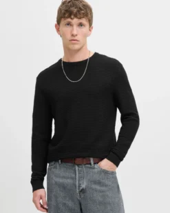 JACK&JONES - PULLOVER NERO GIROCOLLO DA UOMO A COSTINE ORIZZONTALI
