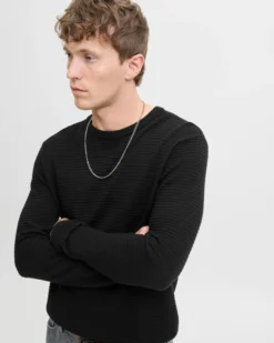 JACK&JONES - PULLOVER NERO GIROCOLLO DA UOMO A COSTINE ORIZZONTALI