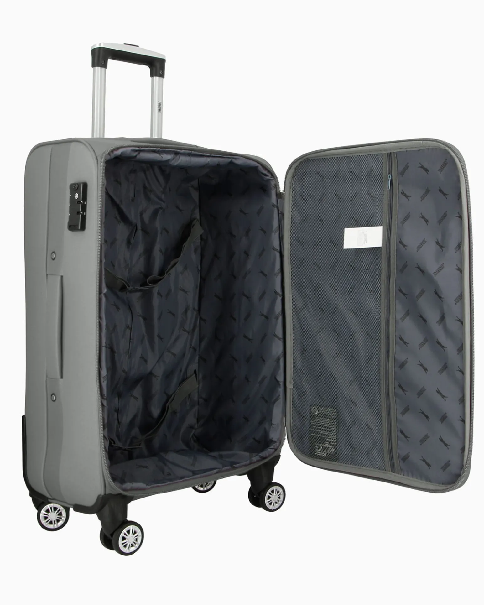JAGUAR - TROLLEY GRIGIO IN TESSUTO CON DOPPIA TASCA FRONTALE, COMBINAZIONE TSA E 4 RUOTE