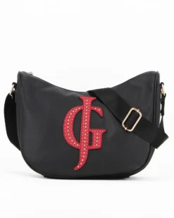 JUST GOLF - Borsa tracolla mezzaluna nera double face con tasca esterna e logo verde con borchie