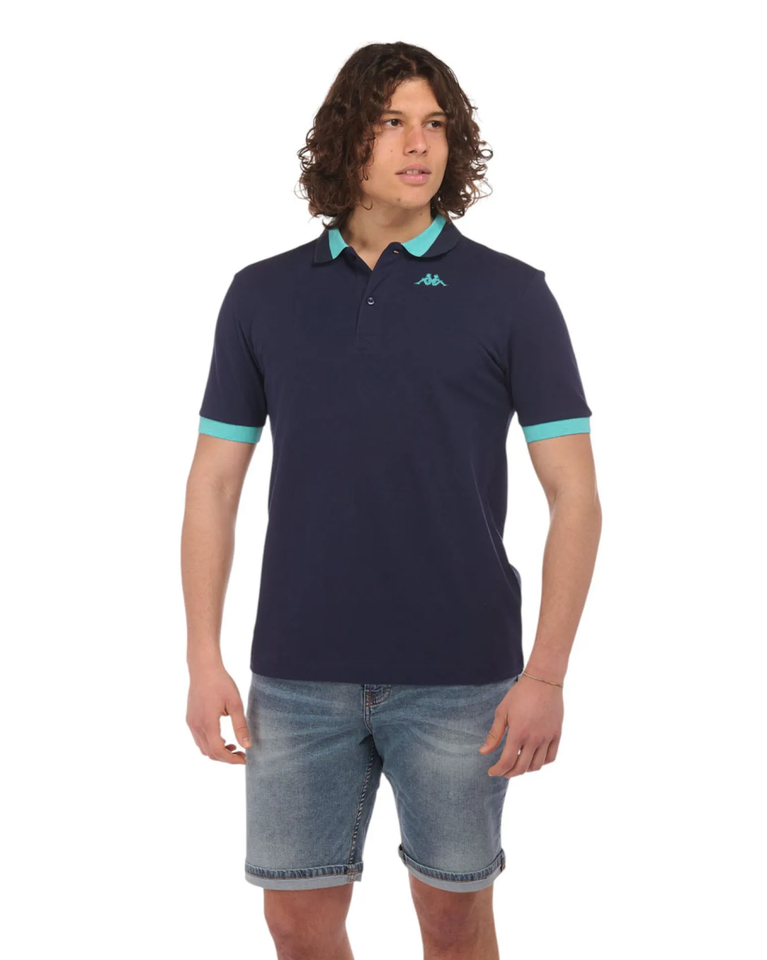KAPPA - POLO MEZZA MANICA UOMO LOGO NEON BLU CON DETTAGLI CELESTI , 341N22W-A0E