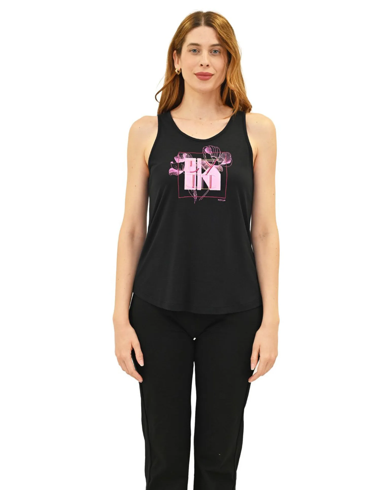 KEY UP - CANOTTA DONNA NERA CON STAMPA FRONTALE - 5S856/0002