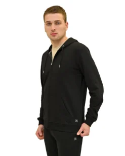 KEY UP - FELPA NERA DA UOMO FULL ZIP  CON CAPPUCCIO