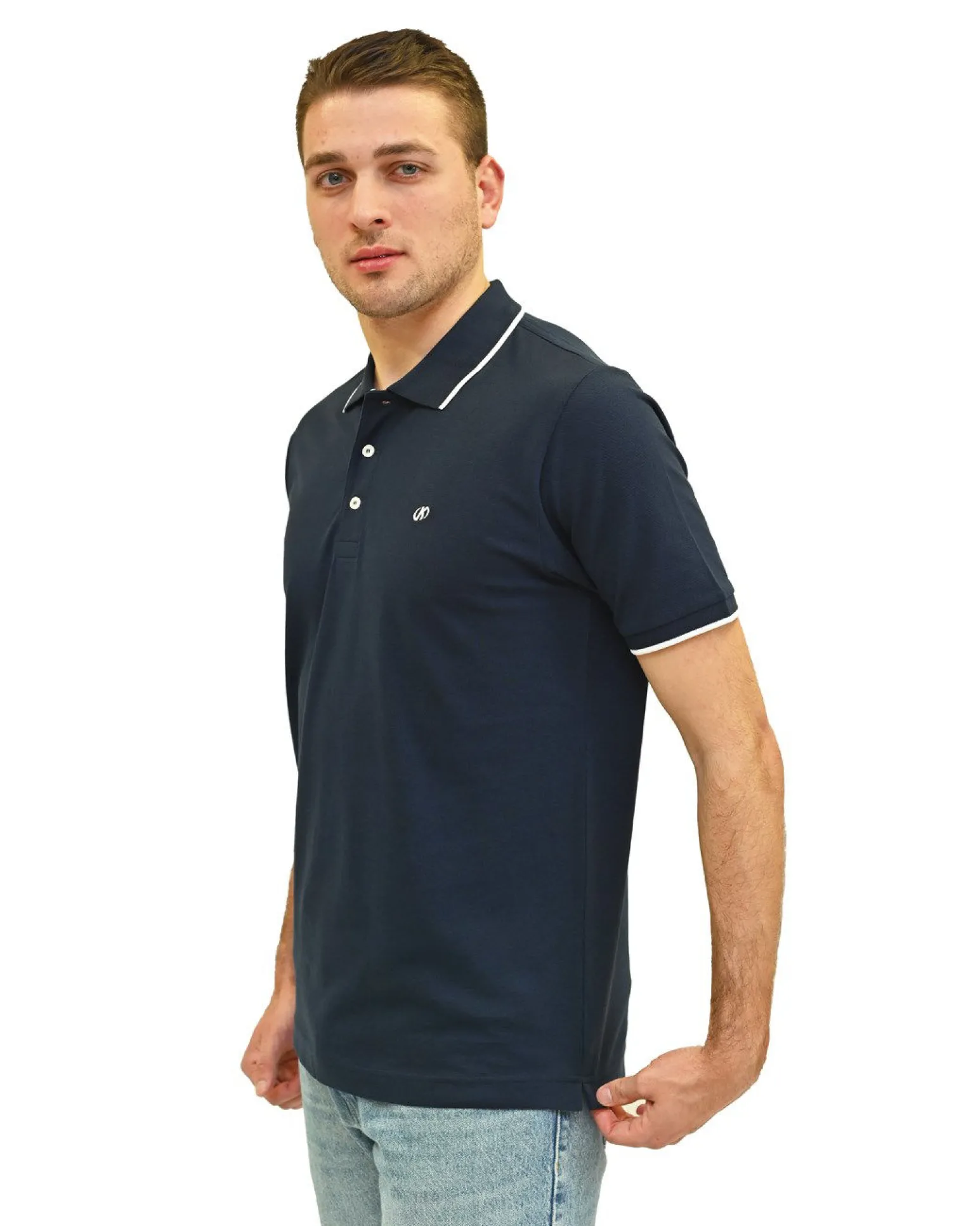 KEY UP - POLO MEZZA MANICA UOMO IN PIQUET BLU SCURO CON RIGHINO BIANCO - 2Q711/1245