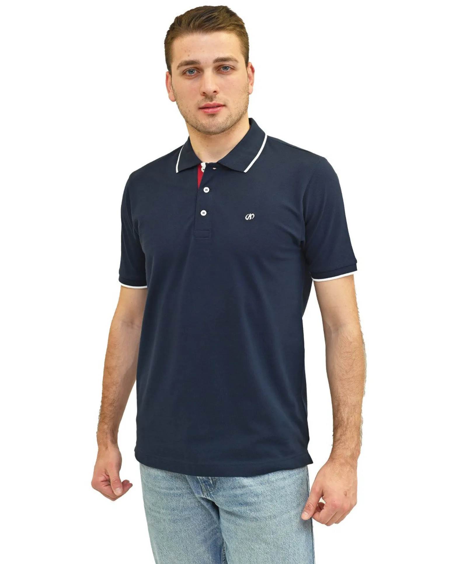 KEY UP - POLO MEZZA MANICA UOMO IN PIQUET BLU SCURO CON RIGHINO BIANCO - 2Q711/1245