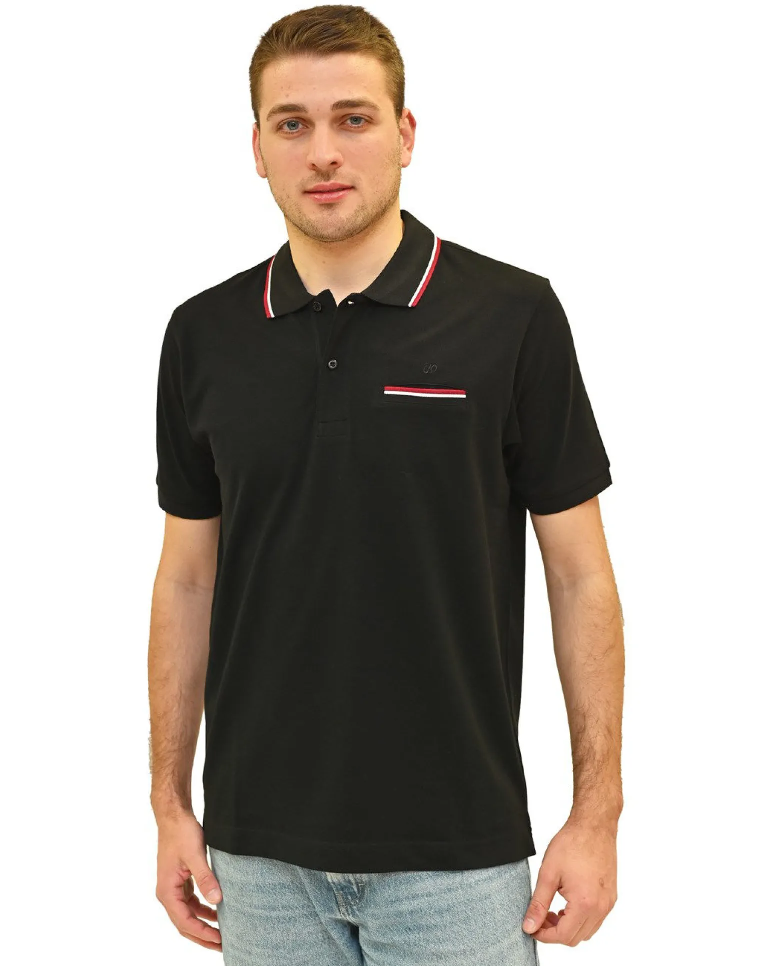 KEY UP - POLO MEZZA MANICA UOMO IN PIQUET NERA CON RIGHINO BIANCO E ROSSO - 2Q827/0002