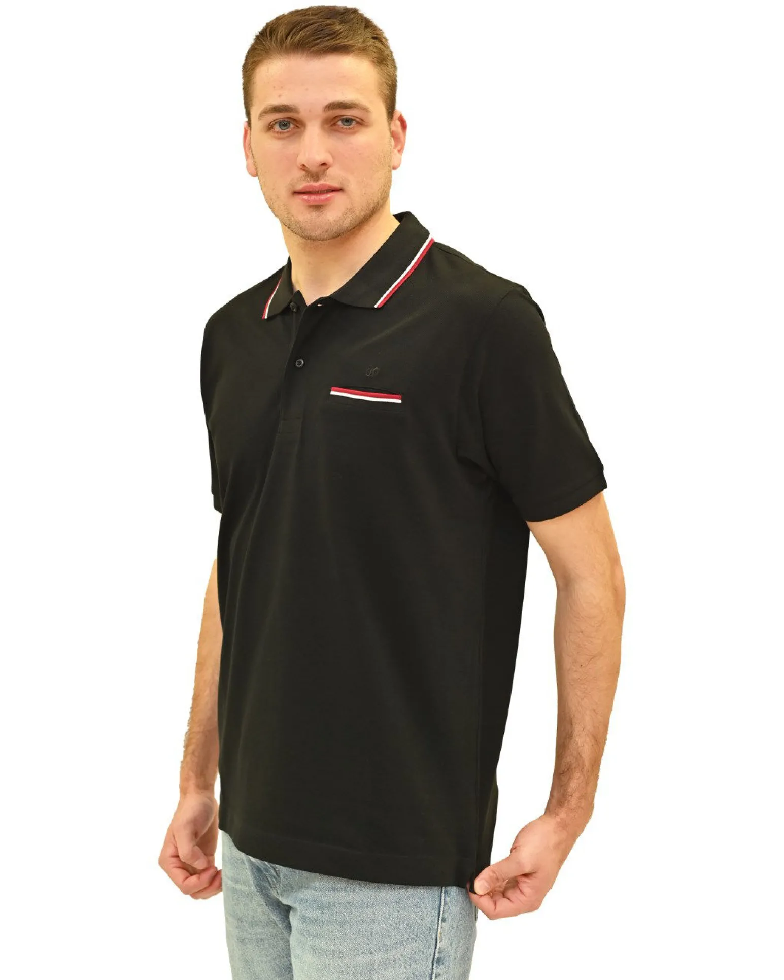 KEY UP - POLO MEZZA MANICA UOMO IN PIQUET NERA CON RIGHINO BIANCO E ROSSO - 2Q827/0002