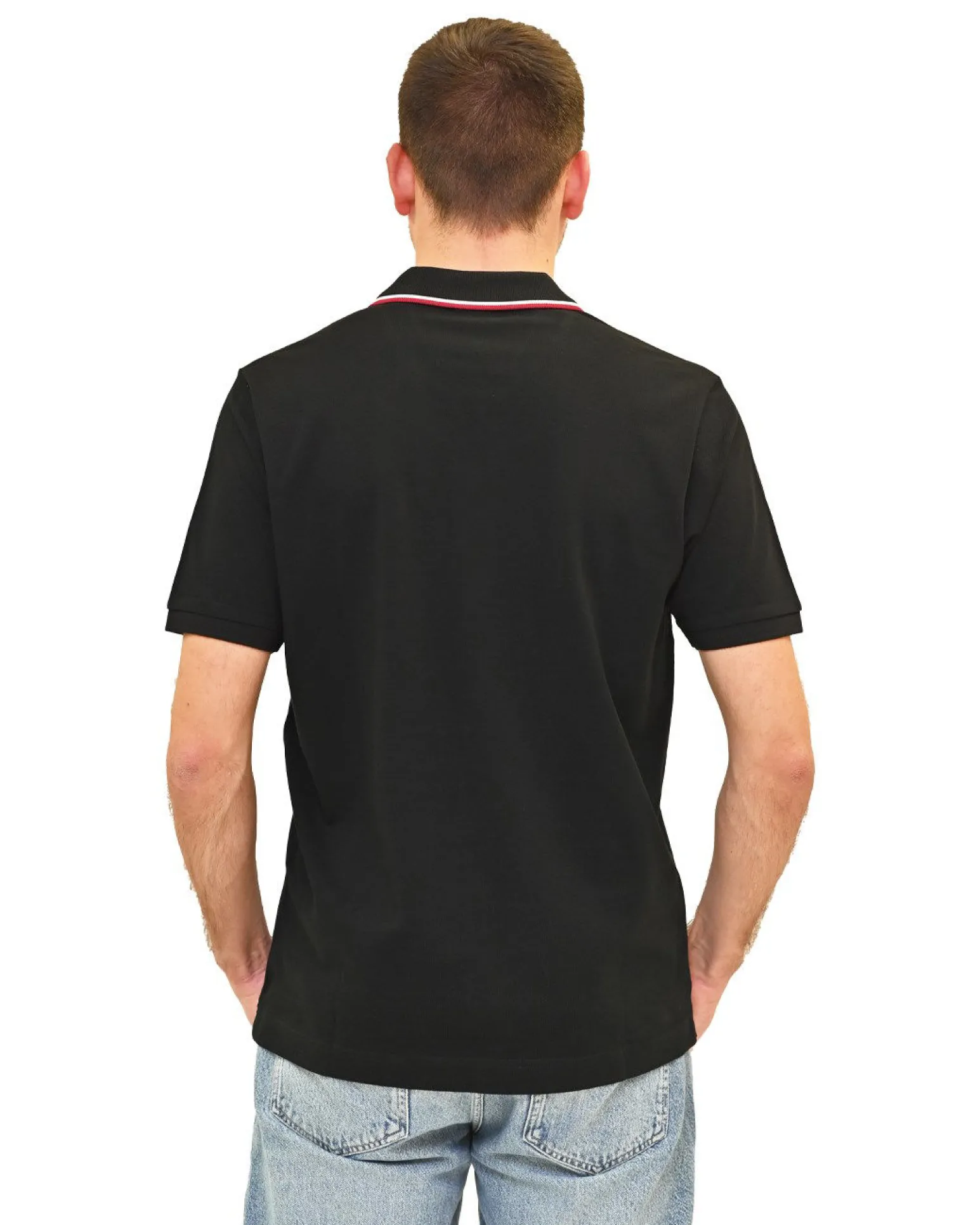 KEY UP - POLO MEZZA MANICA UOMO IN PIQUET NERA CON RIGHINO BIANCO E ROSSO - 2Q827/0002