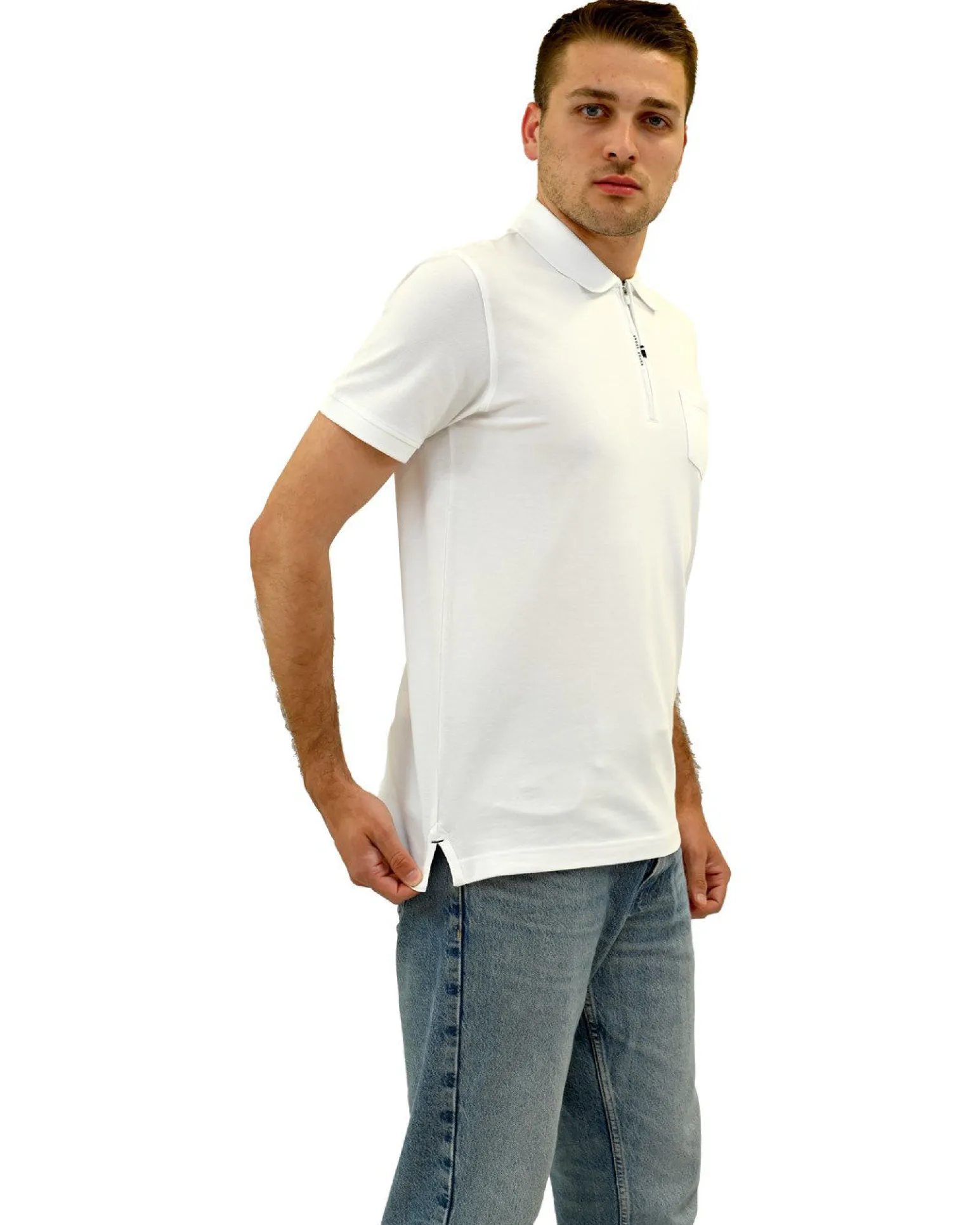 KEY UP - POLO MEZZA MANICA UOMO IN PIQUET BIANCA MEZZA ZIP CON TASCHINO - 2Q515/000