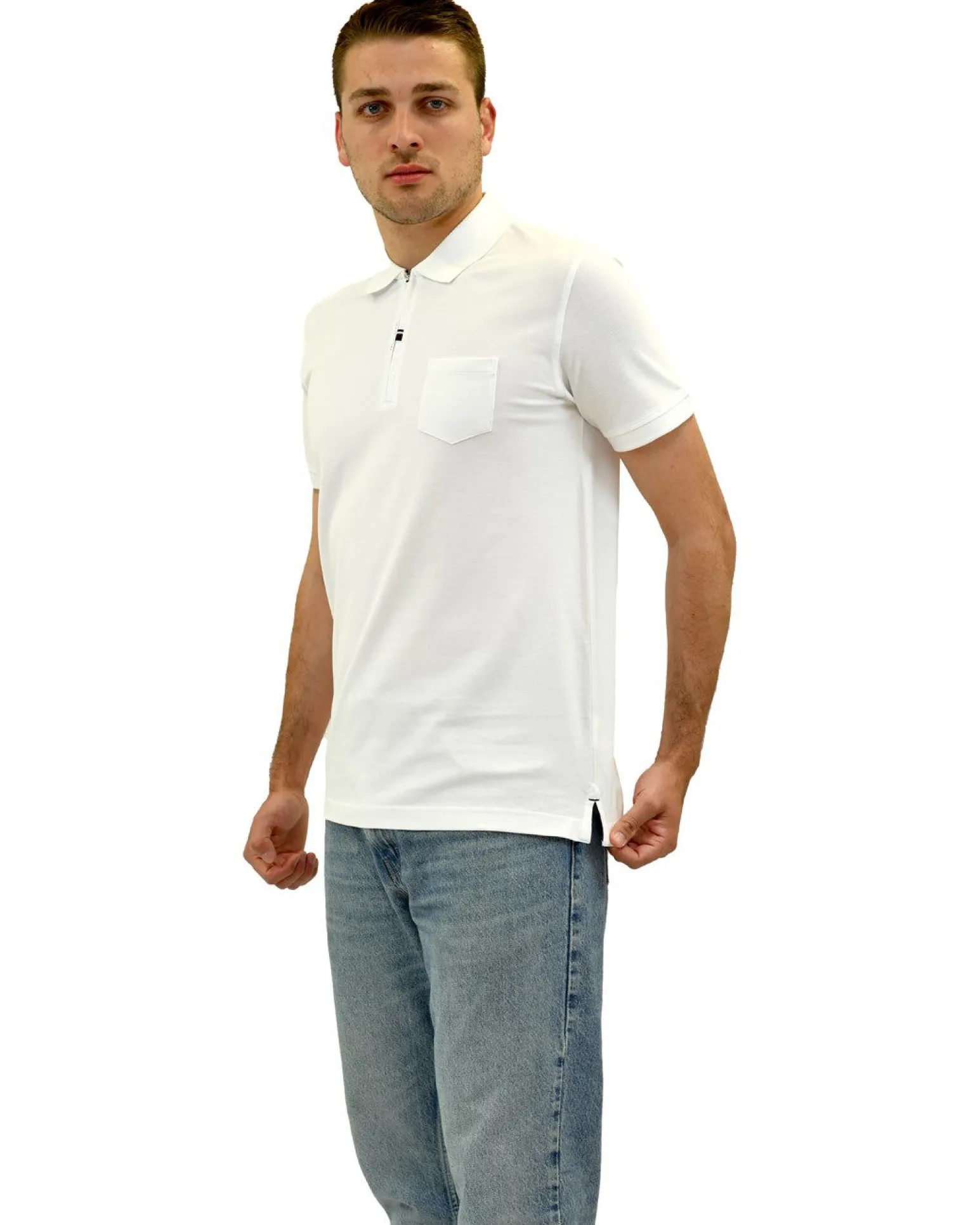 KEY UP - POLO MEZZA MANICA UOMO IN PIQUET BIANCA MEZZA ZIP CON TASCHINO - 2Q515/000