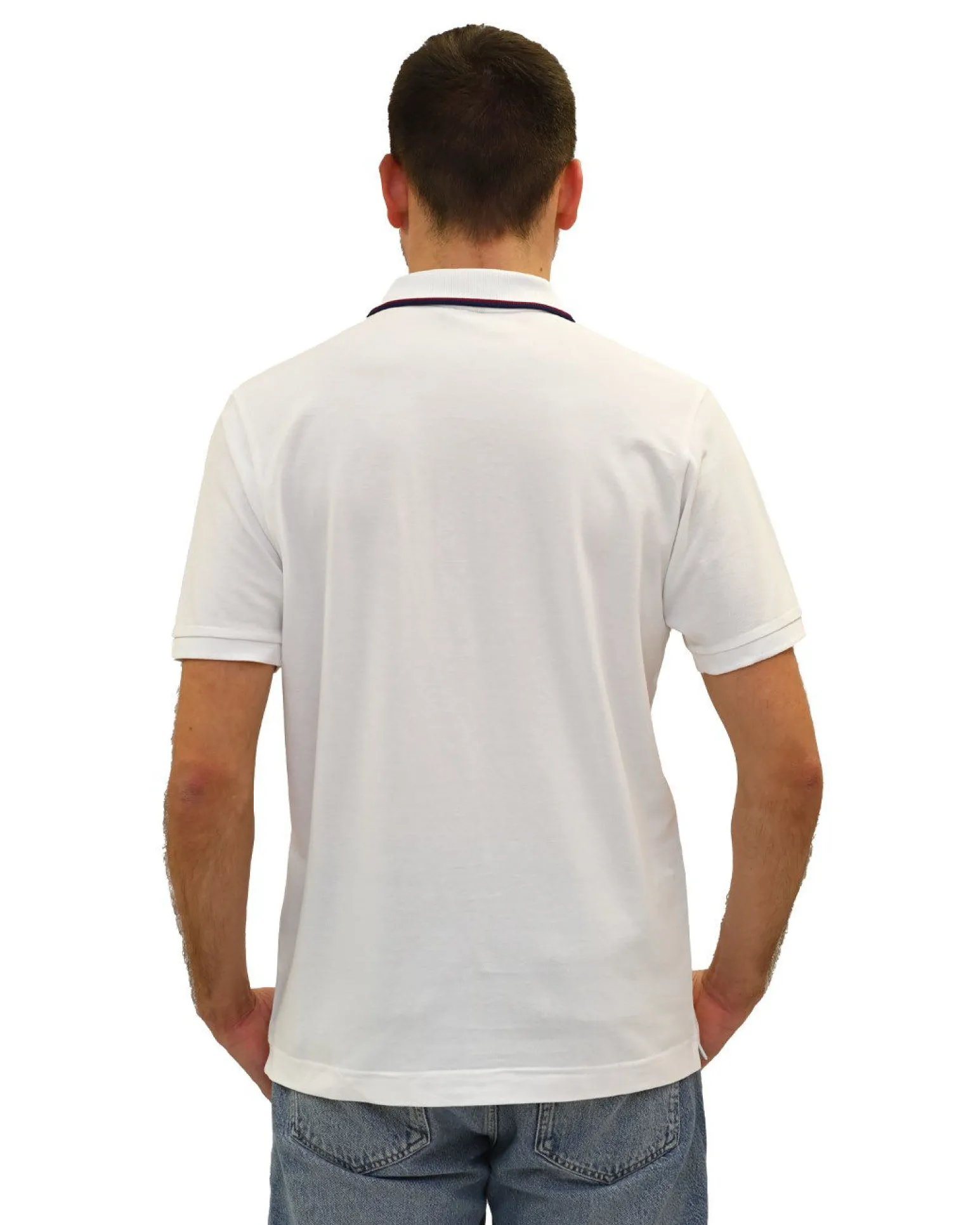 KEY UP - POLO MEZZA MANICA UOMO IN PIQUET BIANCA CON RIGHINO ROSSO E BLU - 2Q827/0001