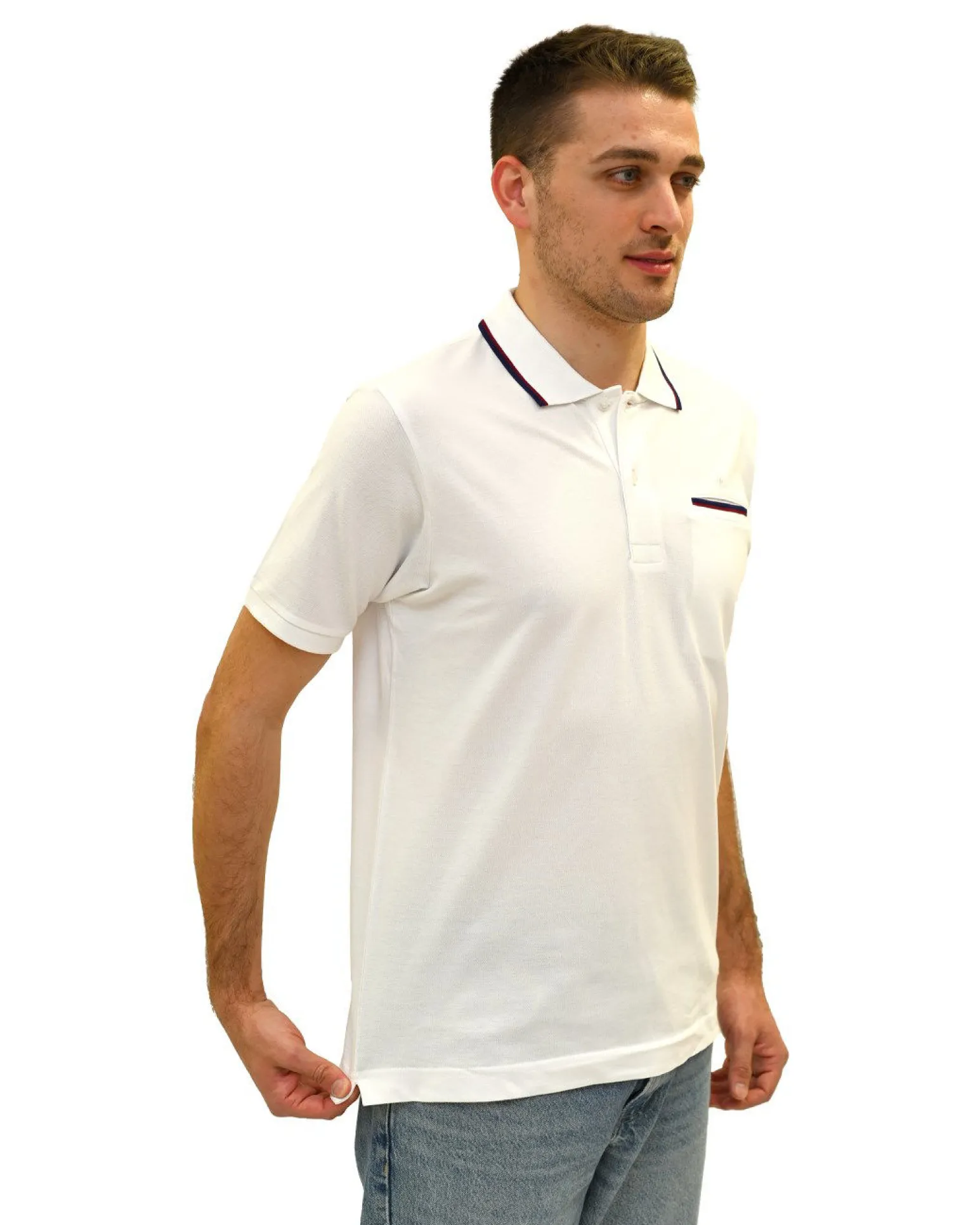 KEY UP - POLO MEZZA MANICA UOMO IN PIQUET BIANCA CON RIGHINO ROSSO E BLU - 2Q827/0001