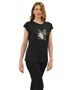 KEY UP - T-SHIRT MEZZA MANICA DONNA NERA CON STAMPA FRONTALE- 5S854/0002