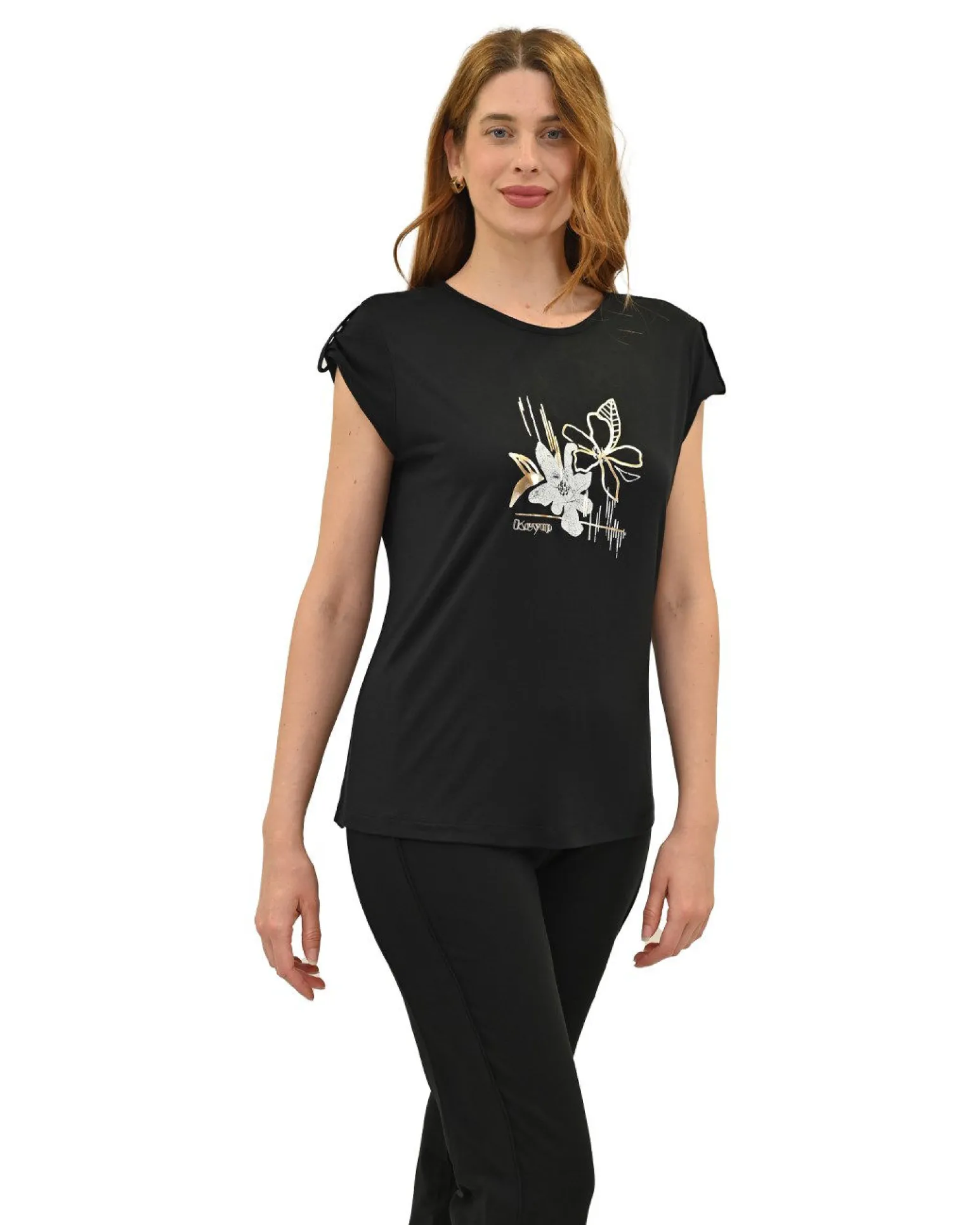 KEY UP - T-SHIRT MEZZA MANICA DONNA NERA CON STAMPA FRONTALE- 5S854/0002