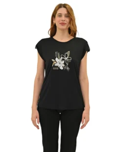 KEY UP - T-SHIRT MEZZA MANICA DONNA NERA CON STAMPA FRONTALE- 5S854/0002