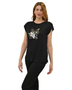 KEY UP - T-SHIRT MEZZA MANICA DONNA NERA CON STAMPA FRONTALE- 5S854/0002