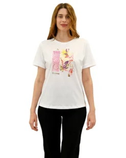 KEY UP - T-SHIRT MEZZA MANICA DONNA BIANCA CON STAMPA FRONTALE- 5S883/0001