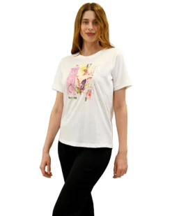 KEY UP - T-SHIRT MEZZA MANICA DONNA BIANCA CON STAMPA FRONTALE- 5S883/0001