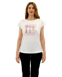 KEY UP - T-SHIRT MEZZA MANICA DONNA BIANCA CON STAMPA FRONTALE- 5S886/0001