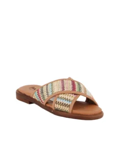 LA MOVIDA - Ciabatta con fasce incrociate in paglia multicolor e sottopiede in VERA PELLE, MADE IN ITALY