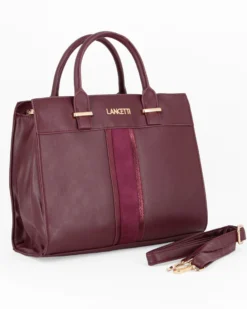 LANCETTI - Borsa a due manici bordeaux con dettaglio frontale scamosciato,tracolla removibile