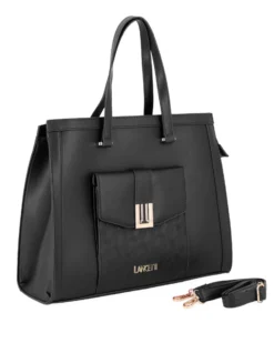 LANCETTI - Borsa a due manici nera con tasca frontale con patta, tracolla removibile