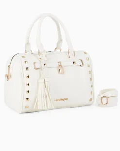 LAURA BIAGIOTTI - Bauletto bianco con borchie, pennacchi con frange e cinturino con lucchetto, tracolla removibile