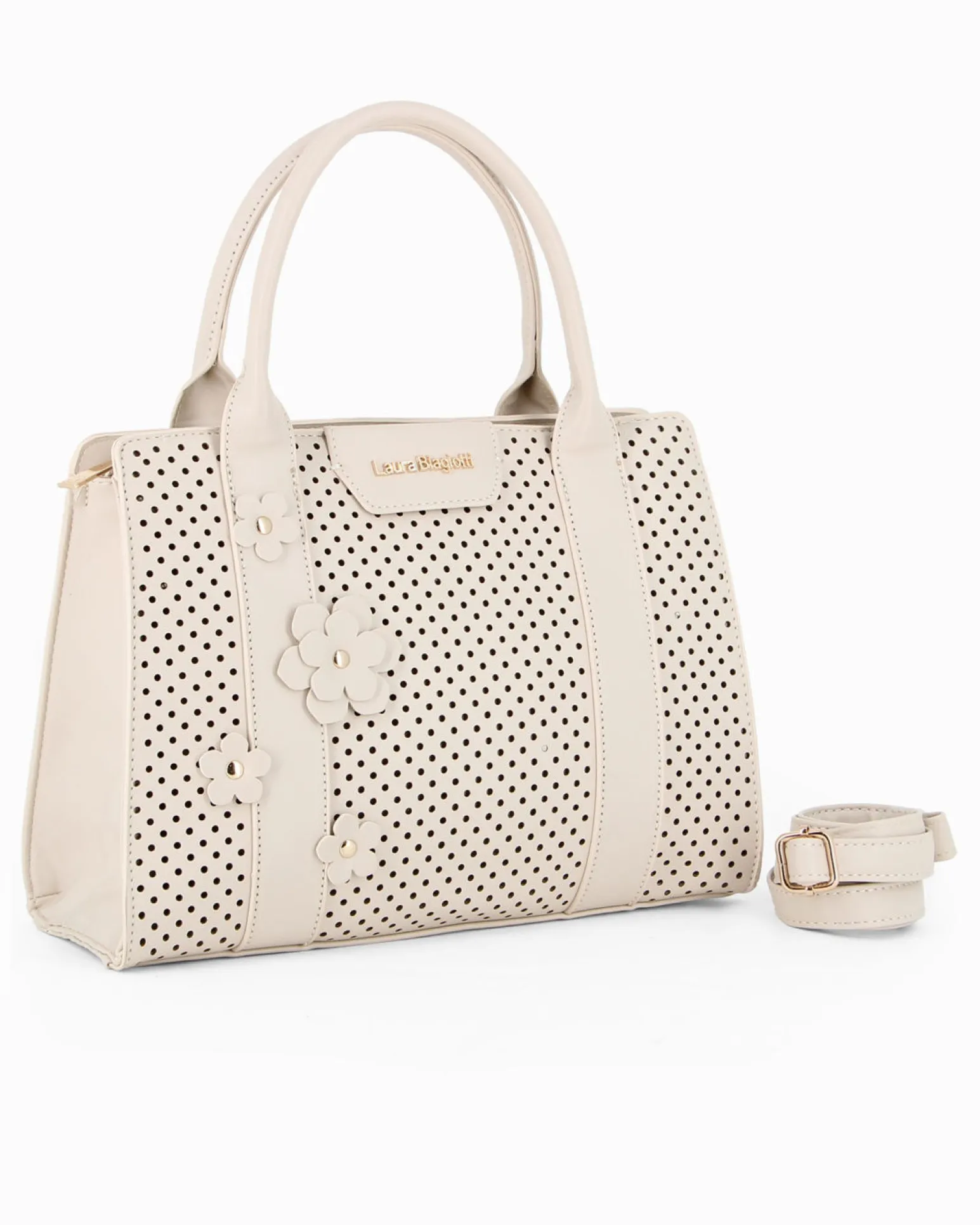 LAURA BIAGIOTTI - Borsa a mano naturale con apllicazione fiori, tracolla removibile