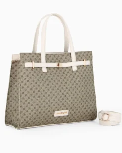 LAURA BIAGIOTTI - Borsa due manici burro loggata con dettaglio cinturino frontale con girello, tracolla removibile