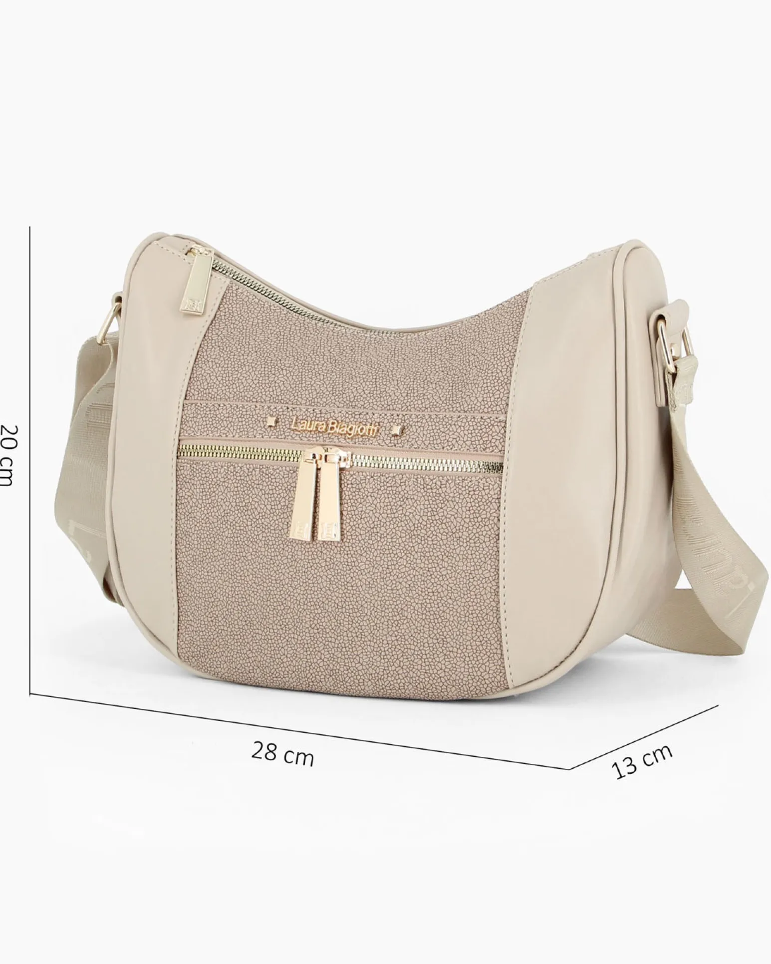 LAURA BIAGIOTTI - Borsa mezzaluna naturale con tasca frontale e posteriore e inserto centrale tortora