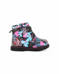 MISS GLOBO - Anfibio nero da bimba con zip laterale e stampe multicolor