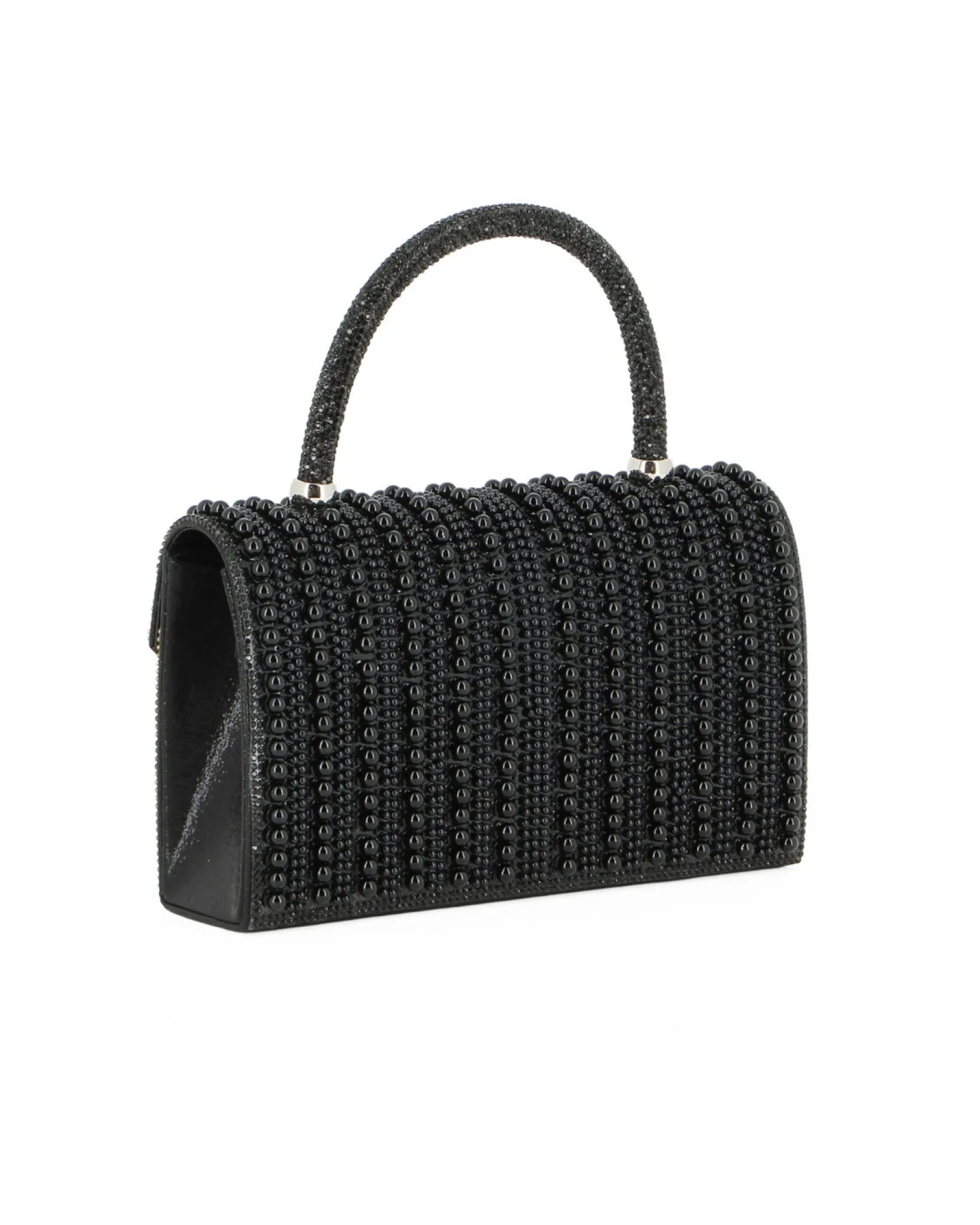 MISS GLOBO - Borsa pochette nera rivestita di perle e manico di strass per cerimonie