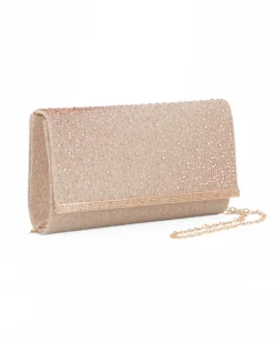 MISS GLOBO - Borsa pochette rose gold in lurex con strass sulla patta e stecca in metallo di strass